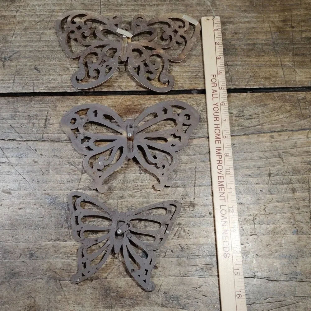 Three Homco Syroco Butterfly Faux Wood Wicker Wall Decor Set Vintage Brown
